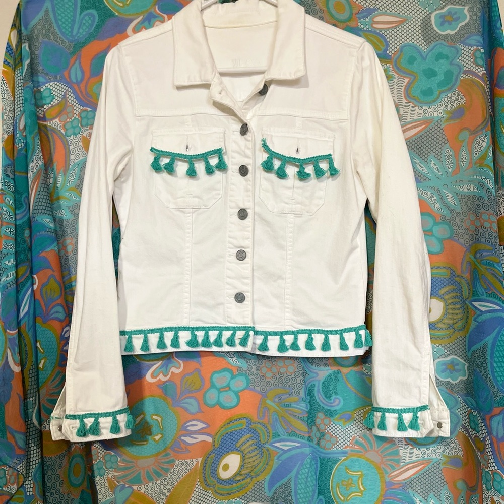 Upcycled white jacket with tassels! ￼ 
Size M $35